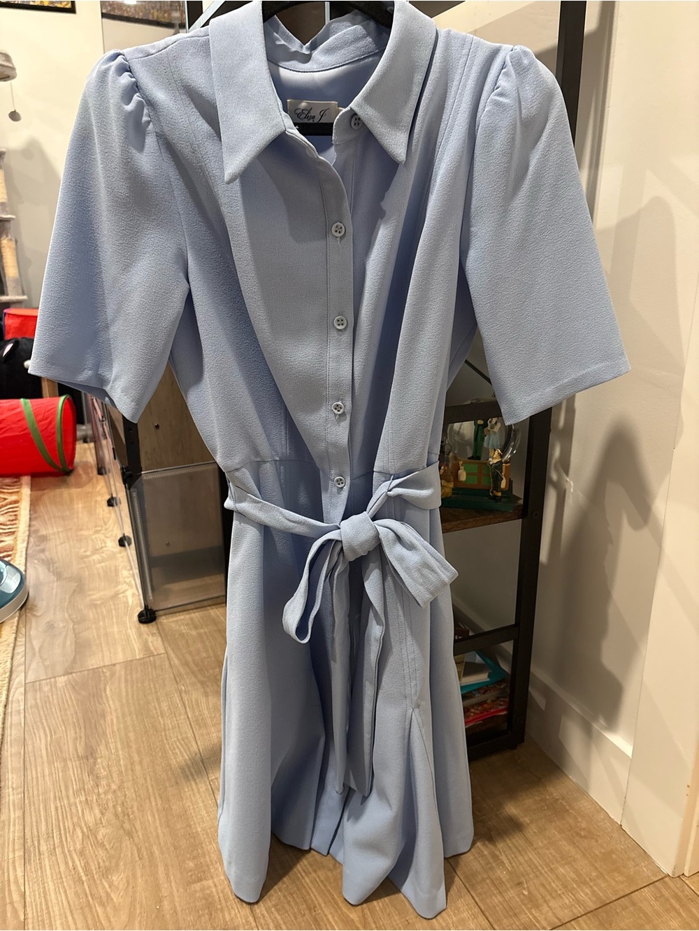 Eliza J Light Blue Button-Front Tie-Waist Short Sleeve Dress